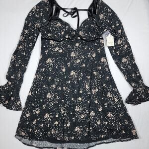 Free People Velvet Trim Floral Black Tess Mini Dress